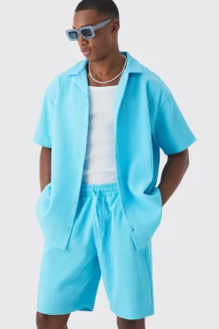 Oversized Short Sleeve Pleated Shirt And Short Set | BoohooMAN UK