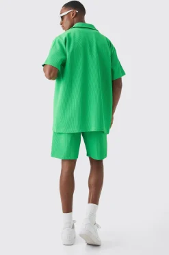 Oversized Short Sleeve Pleated Shirt And Short Set | BoohooMAN UK