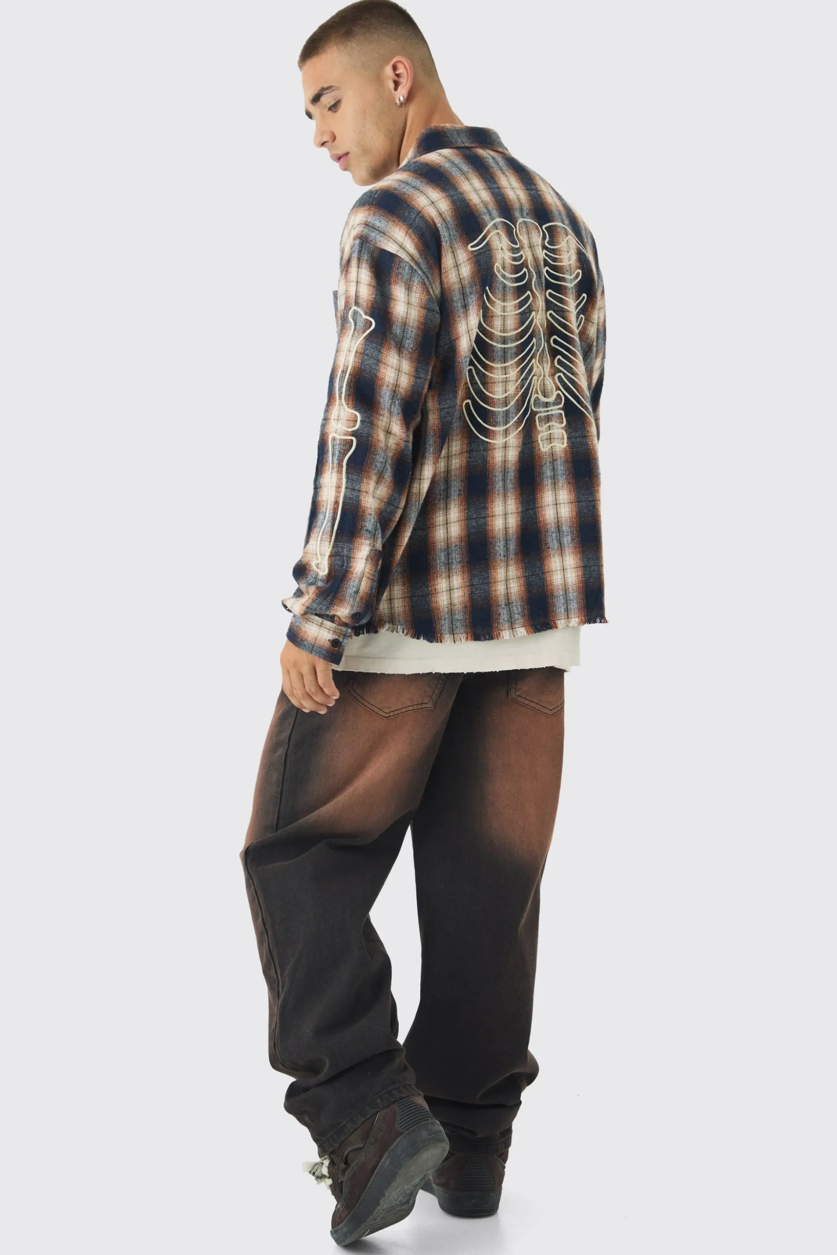 Oversized Skeleton Applique Check Shirt | BoohooMAN UK