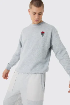 Oversized Skeleton Rose Embroidery Sweatshirt | BoohooMAN UK