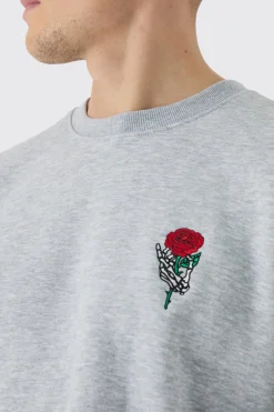 Oversized Skeleton Rose Embroidery Sweatshirt | BoohooMAN UK