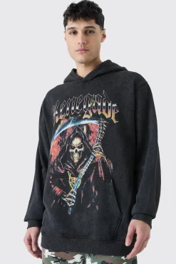 Oversized Skull Graphic Acid Wash Hoodie | BoohooMAN UK