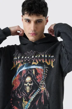 Oversized Skull Graphic Acid Wash Hoodie | BoohooMAN UK