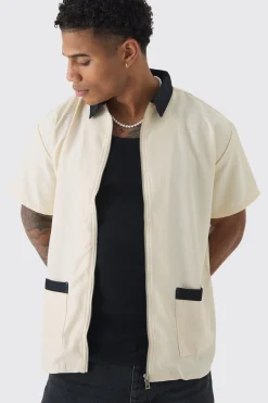 Oversized Soft Twill Contrast Pocket Bowling Shirt | BoohooMAN UK