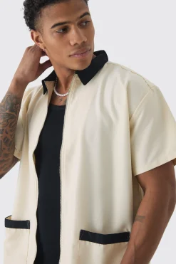 Oversized Soft Twill Contrast Pocket Bowling Shirt | BoohooMAN UK