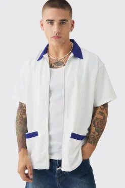 Oversized Soft Twill Contrast Pocket Bowling Shirt | BoohooMAN UK