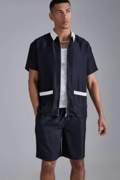 Oversized Soft Twill Contrast Pocket Shirt & Short Set | BoohooMAN UK