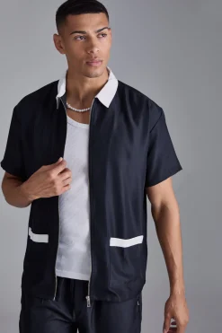 Oversized Soft Twill Contrast Pocket Shirt & Short Set | BoohooMAN UK