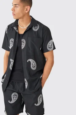 Oversized Soft Twill Paisley Embroidered Shirt And Short | BoohooMAN UK