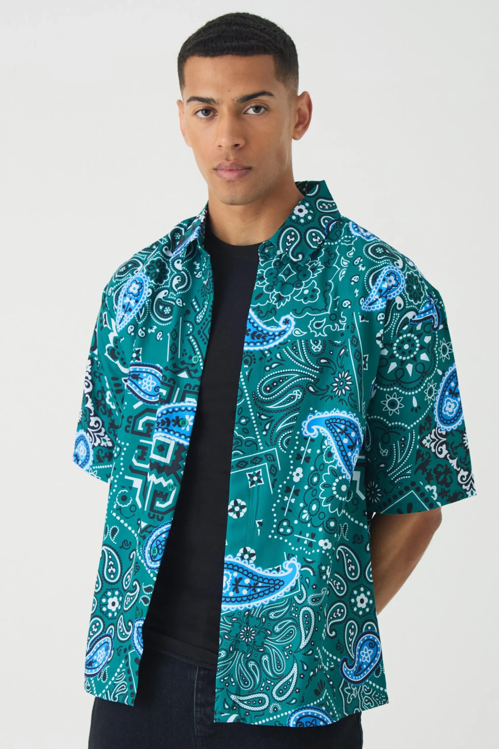 Oversized Soft Twill Paisley Printed Shirt | BoohooMAN UK
