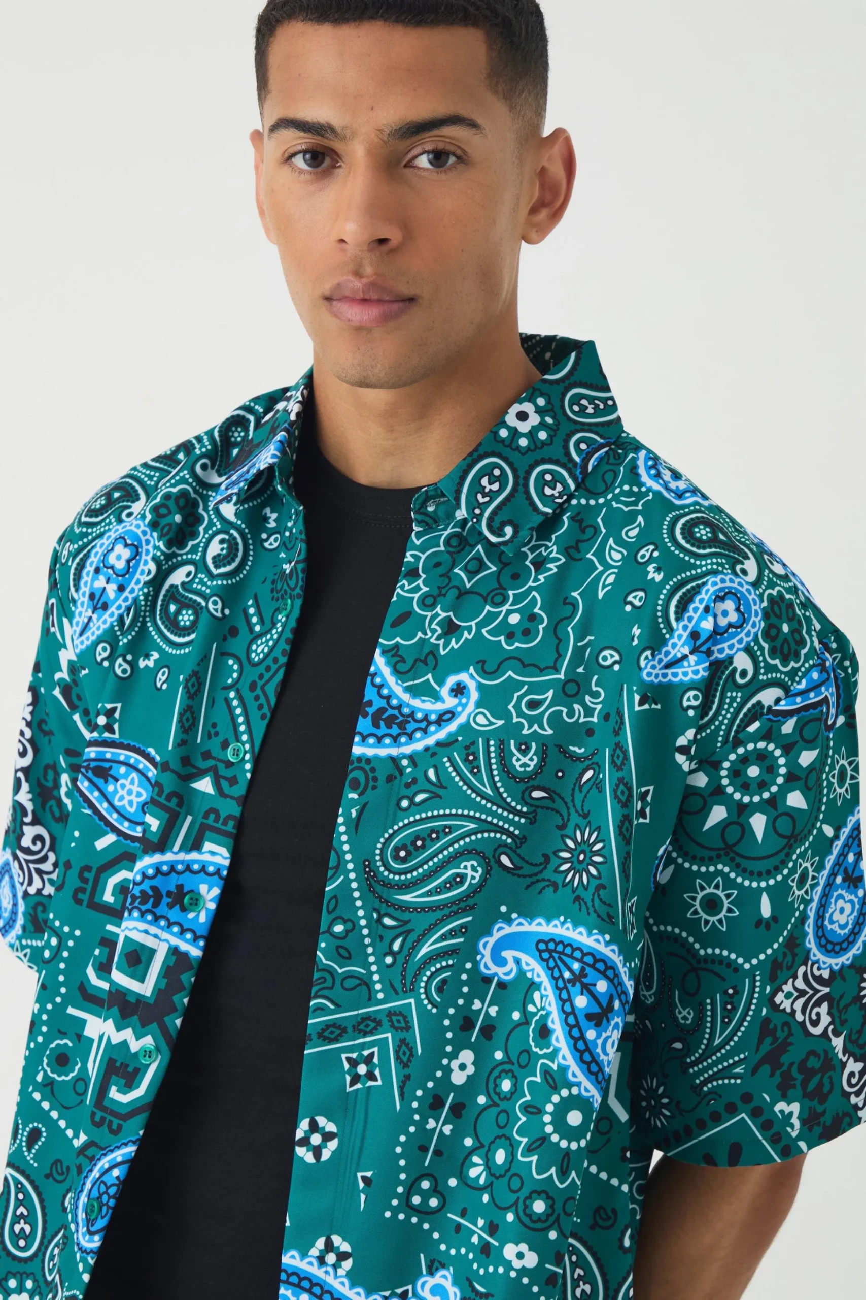 Oversized Soft Twill Paisley Printed Shirt | BoohooMAN UK