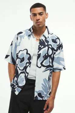 Oversized Soft Twill Printed Revere Shirt | BoohooMAN UK