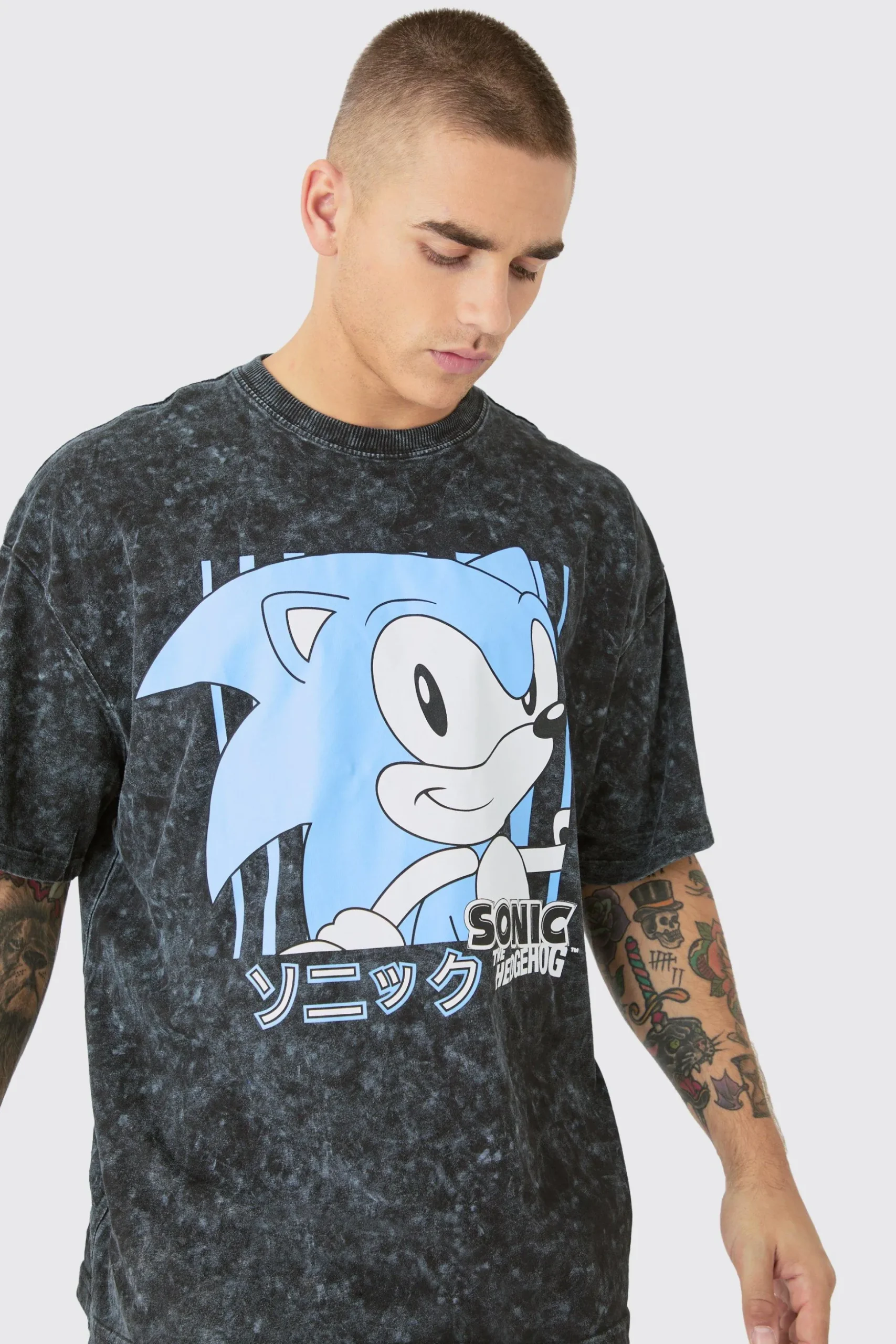 Oversized Sonic Anime Snow Wash License T-shirt | BoohooMAN UK