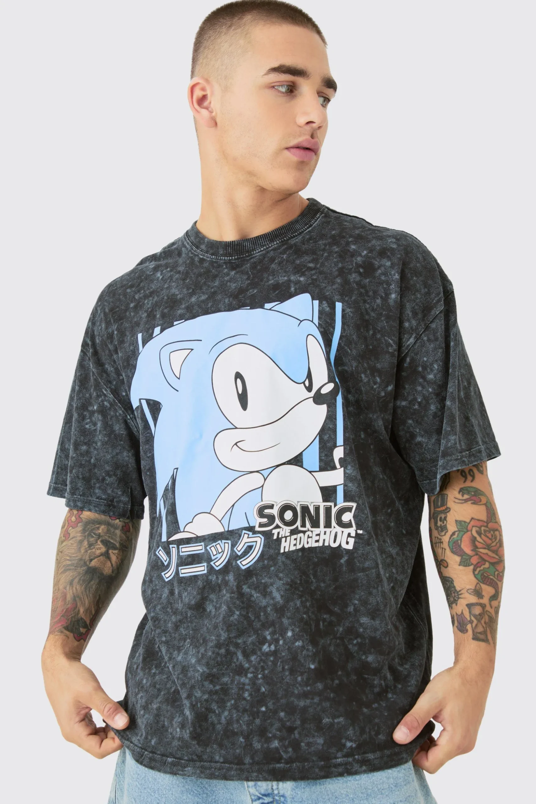 Oversized Sonic Anime Snow Wash License T-shirt | BoohooMAN UK