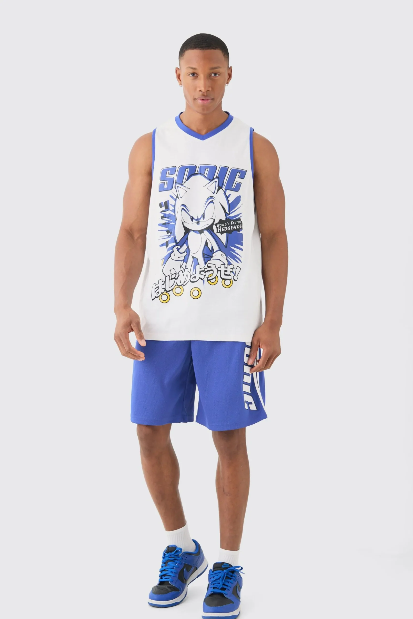 Oversized Sonic The Hedgehog License Mesh Vest And Short Set | BoohooMAN UK