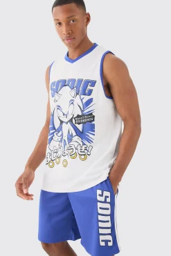Oversized Sonic The Hedgehog License Mesh Vest And Short Set | BoohooMAN UK