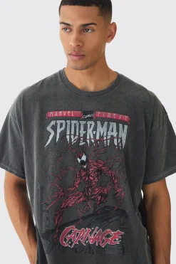 Oversized Spiderman Marvel Wash License Print T-Shirt | BoohooMAN UK