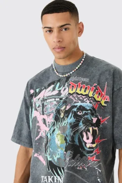 Oversized Spliced Boxy Graphic Heavyweight Wash T-shirt | BoohooMAN UK