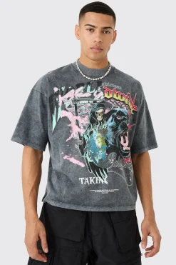 Oversized Spliced Boxy Graphic Heavyweight Wash T-shirt | BoohooMAN UK