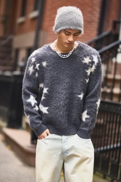 Oversized Star Graphic Brushed Knitted Jumper | BoohooMAN UK