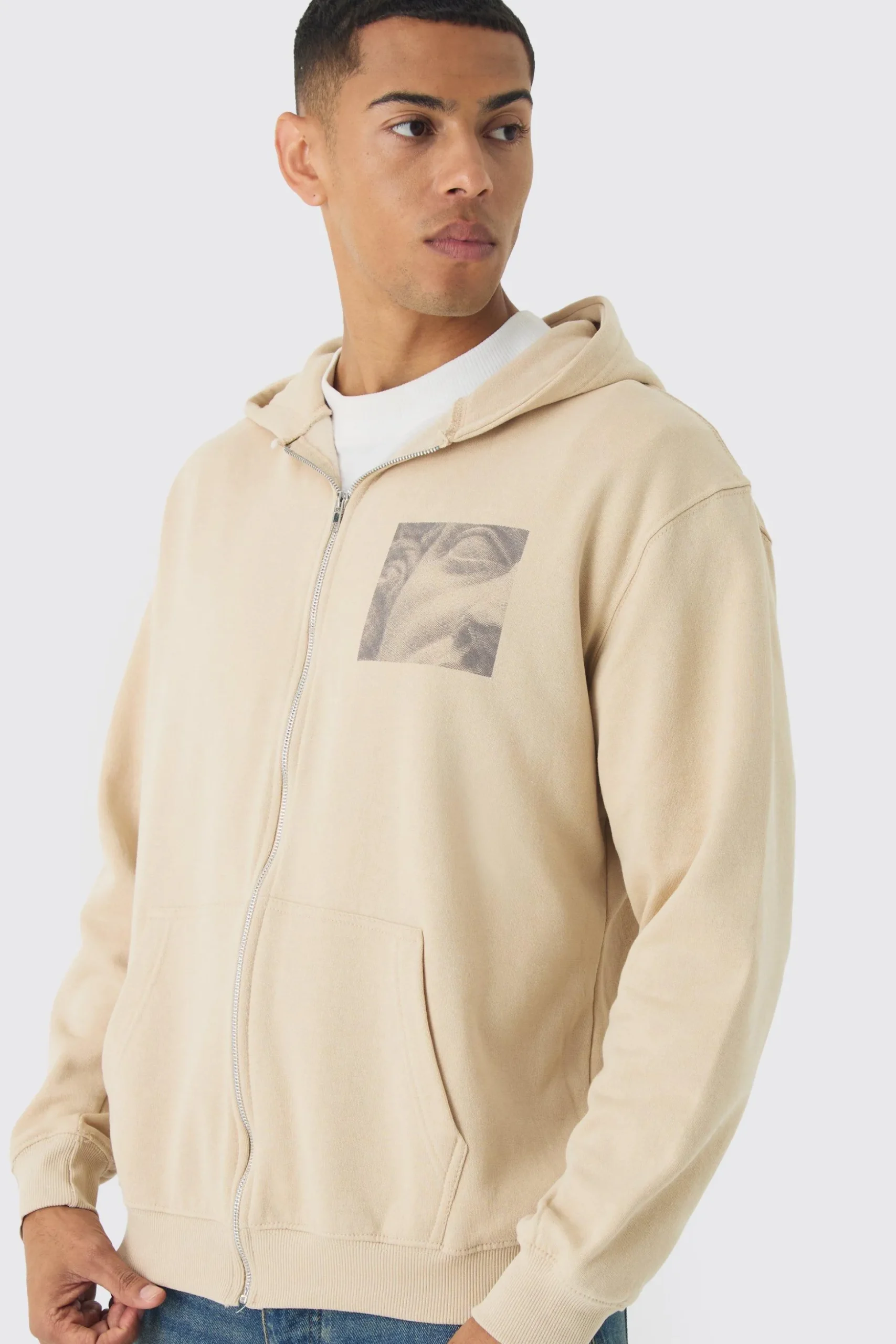 Oversized Statue Back Print Zip Through Hoodie | BoohooMAN UK