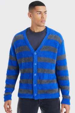 Oversized Stripe Fluffy Cardigan | BoohooMAN UK