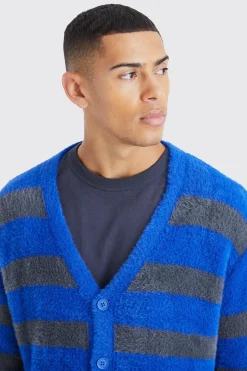 Oversized Stripe Fluffy Cardigan | BoohooMAN UK
