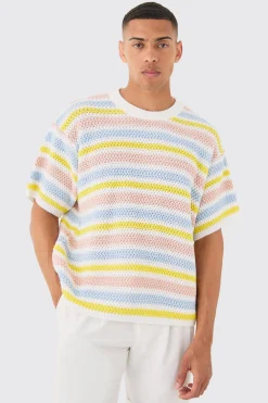 Oversized Stripe Knitted T-shirt In White | BoohooMAN UK