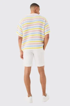 Oversized Stripe Knitted T-shirt In White | BoohooMAN UK