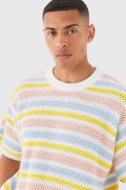 Oversized Stripe Knitted T-shirt In White | BoohooMAN UK