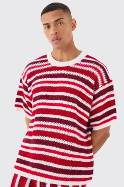 Oversized Stripe Knitted T-shirt In White | BoohooMAN UK