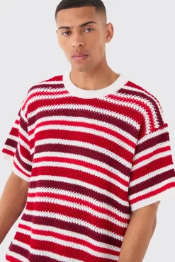 Oversized Stripe Knitted T-shirt In White | BoohooMAN UK
