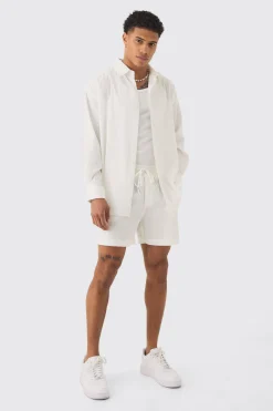 Oversized Stripe Seer Sucker Shirt & Short Set In White | BoohooMAN UK