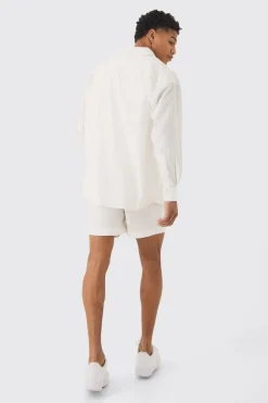 Oversized Stripe Seer Sucker Shirt & Short Set In White | BoohooMAN UK