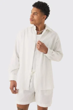 Oversized Stripe Seer Sucker Shirt & Short Set In White | BoohooMAN UK