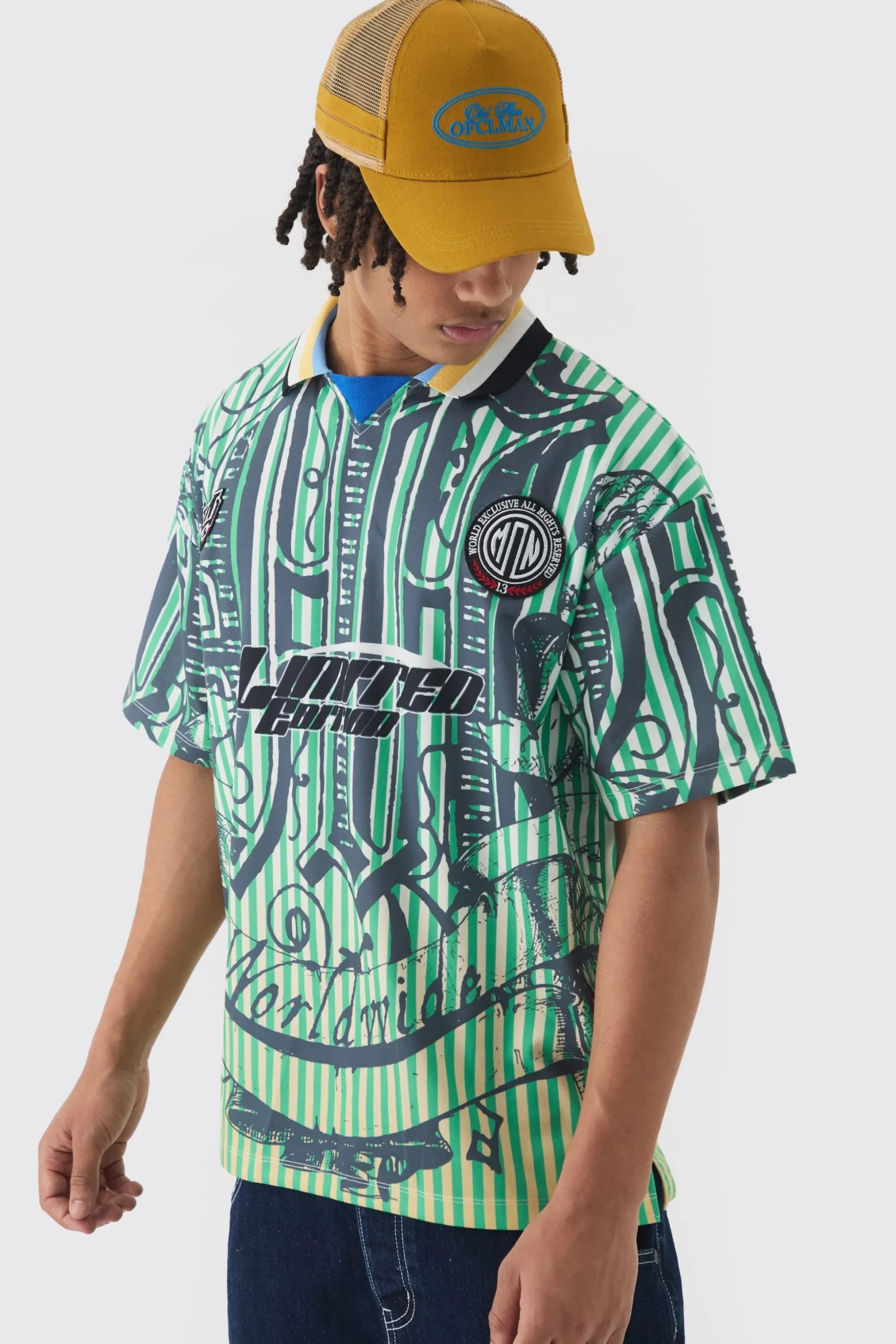 Oversized Striped Applique Football T-shirt | BoohooMAN UK