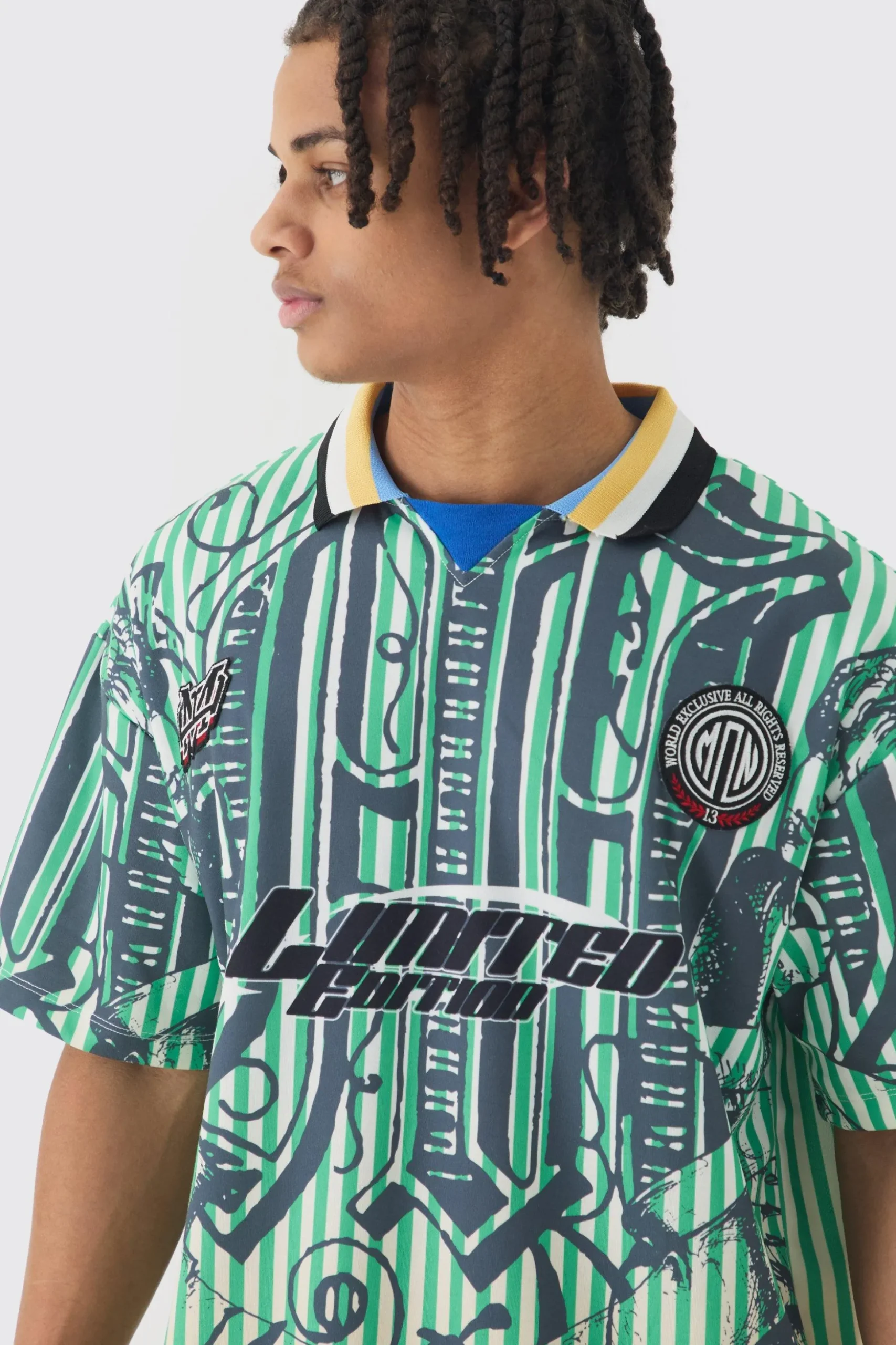 Oversized Striped Applique Football T-shirt | BoohooMAN UK