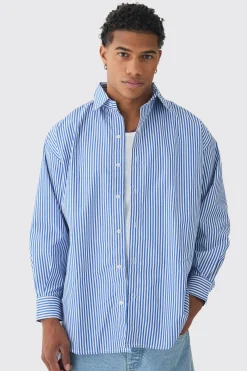 Oversized Striped Long Sleeve Shirt In Blue | BoohooMAN UK