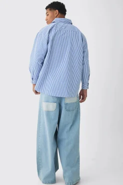 Oversized Striped Long Sleeve Shirt In Blue | BoohooMAN UK