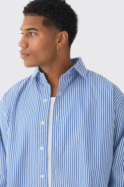 Oversized Striped Long Sleeve Shirt In Blue | BoohooMAN UK