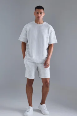 Oversized Striped Textured T-shirt & Short Set | BoohooMAN UK