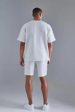 Oversized Striped Textured T-shirt & Short Set | BoohooMAN UK