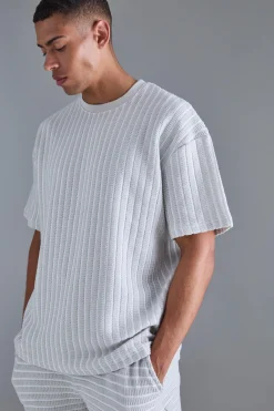 Oversized Striped Textured T-shirt & Short Set | BoohooMAN UK