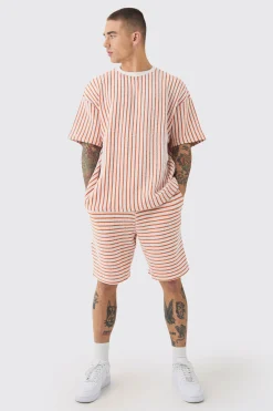 Oversized Striped Textured T-shirt & Short Set | BoohooMAN UK