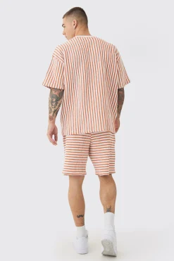 Oversized Striped Textured T-shirt & Short Set | BoohooMAN UK