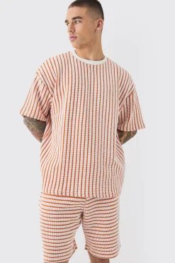 Oversized Striped Textured T-shirt & Short Set | BoohooMAN UK