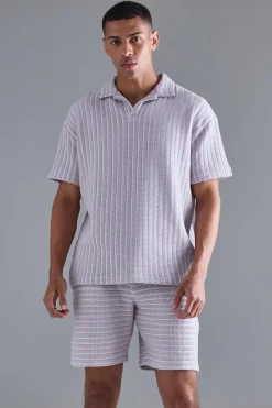 Oversized Striped Textured Revere Polo & Short Set | BoohooMAN UK