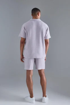 Oversized Striped Textured Revere Polo & Short Set | BoohooMAN UK