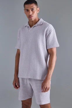 Oversized Striped Textured Revere Polo & Short Set | BoohooMAN UK