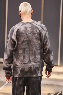 Oversized Suede And PU Applique Varsity Long Sleeve T-Shirt | BoohooMAN UK